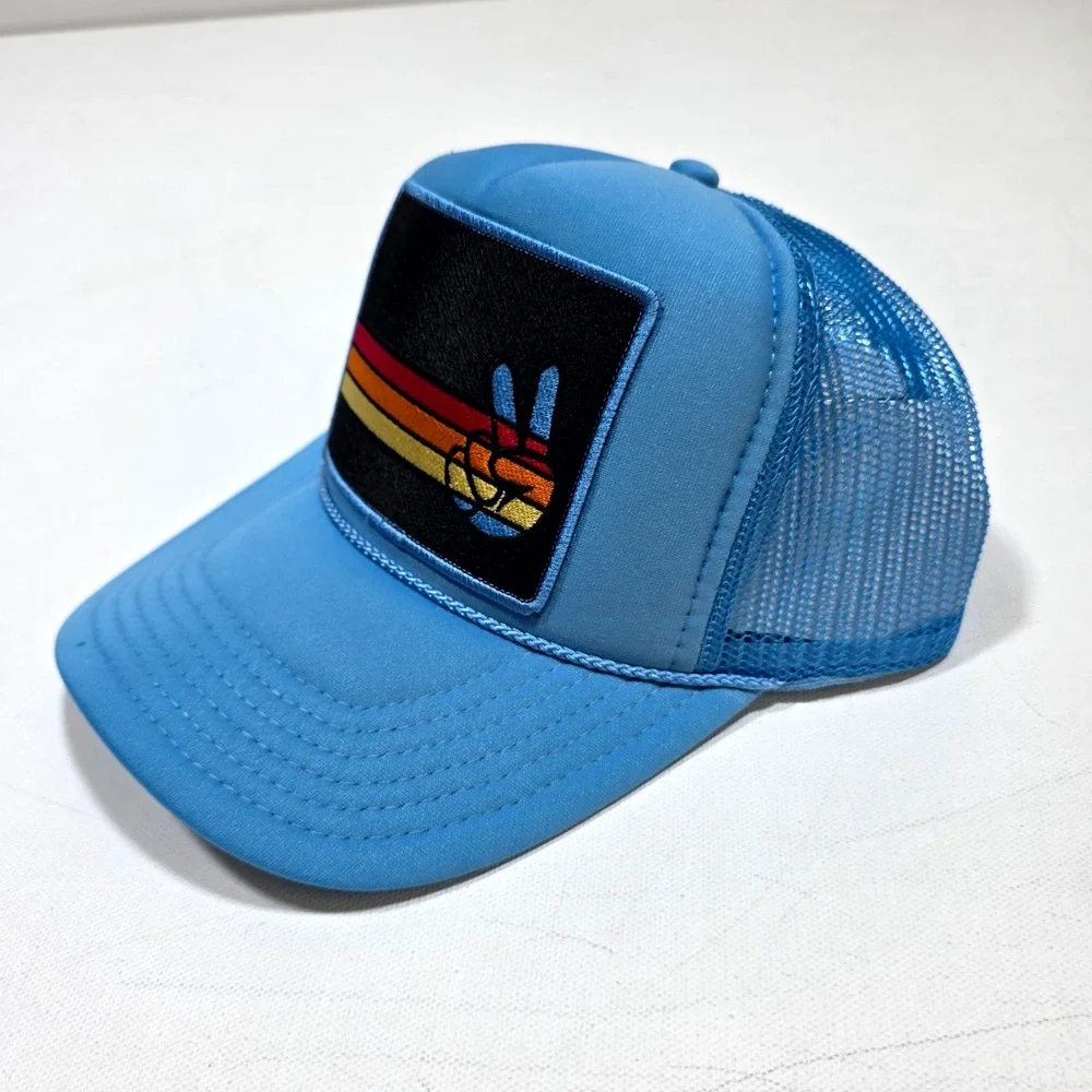 Port Sandz Trucker Hat Blue Peace Sign Retro Sunset Mesh Snapback Cap Surfer